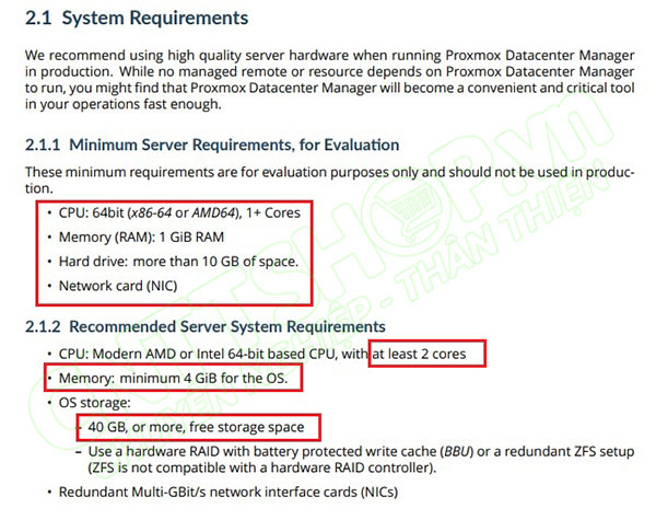 yêu cầu phần cứng cho phiên bản proxmox datacenter manager 1.x