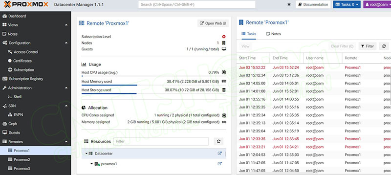 view thông tin các node Proxmox VE trên PDM