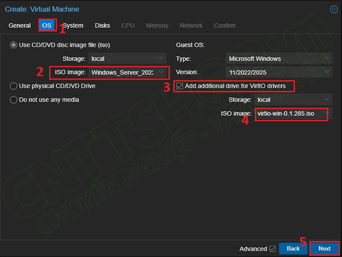 chọn file iso cho windows và file virtio driver