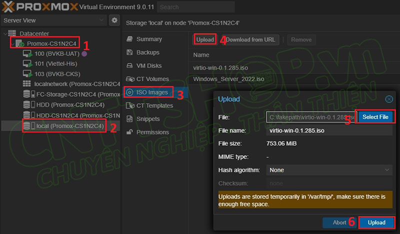 tải file ISO cho windows và virtio driver lên proxmox