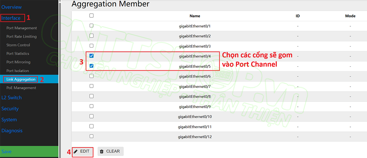 chọn các member sẽ add vào port channel