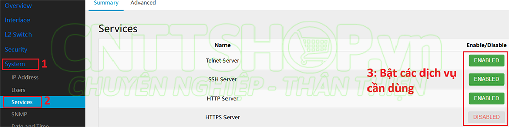 cấu hình telnet, ssh, http, https trên switch scodeno