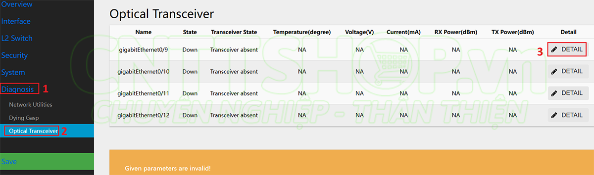 kiểm tra module quang sử dụng trên switch scodeno