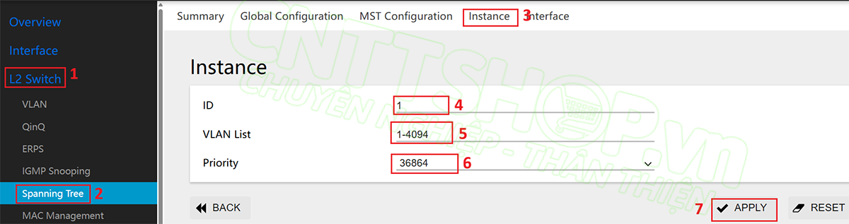 cấu hình STP instance