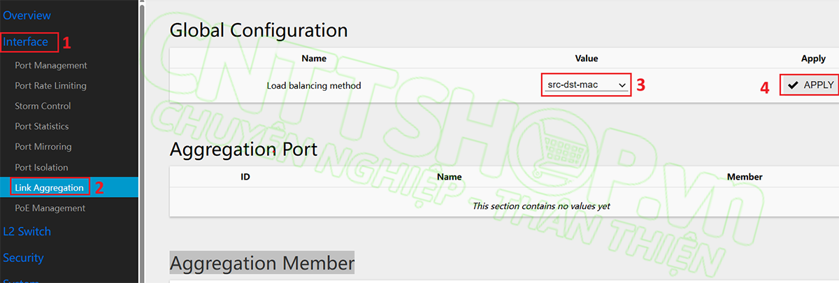 chọn phương thức cân bằng tải cho port channel