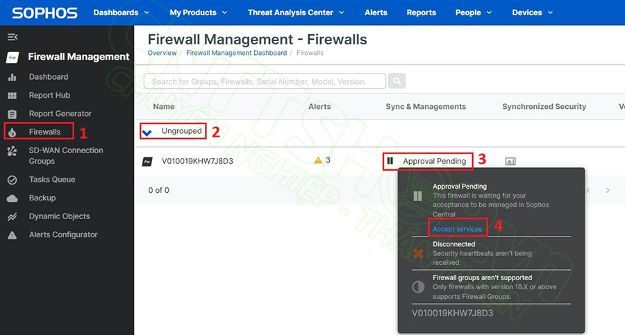 tích chọn accept services để đồng ý quản trị firewall trên SOphos Central