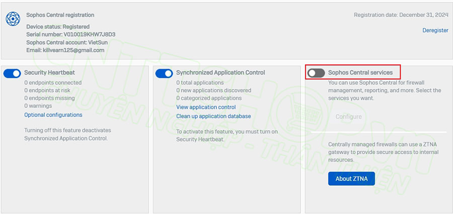 tích chọn enable Sophos Central services