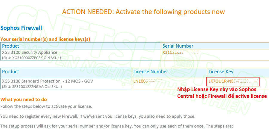 license key được Sophos cung cấp dưới dạng PDF file