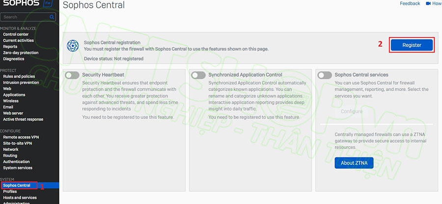 truy cập vào menu Sophos Central