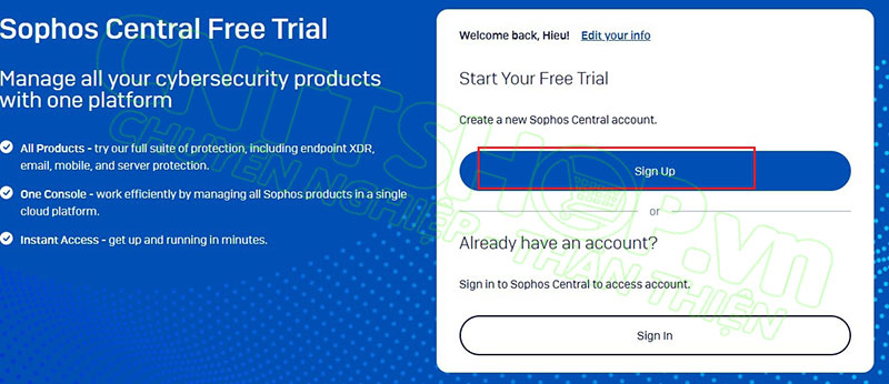 nhấn sign up để tạo tài khoản sophos central