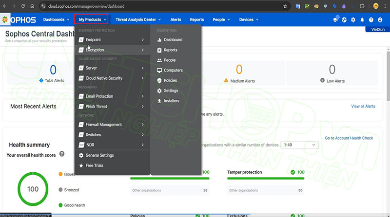 trang dashboard của sophos central