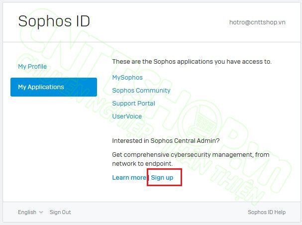 nhấn sign up để kích hoạt sophos central