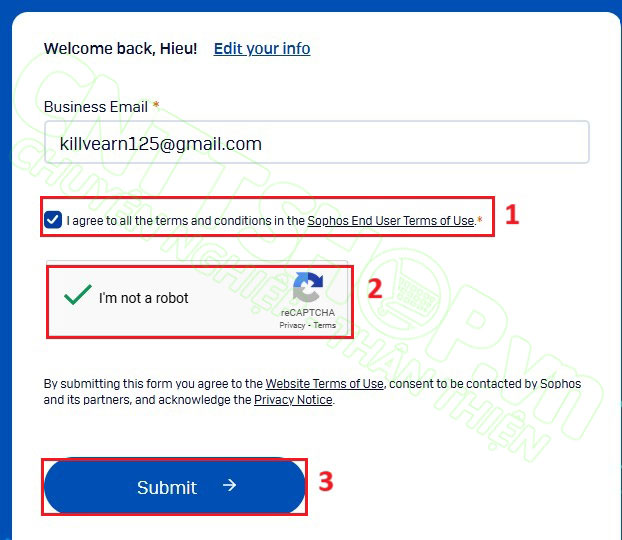 tích chọn đồng ý các điều khoản của Sophos và nhấn Submit