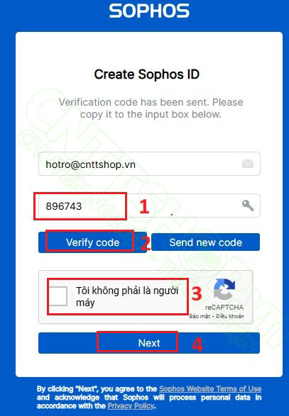 Nhập mã xác thực được gửi về email và nhấn verify code