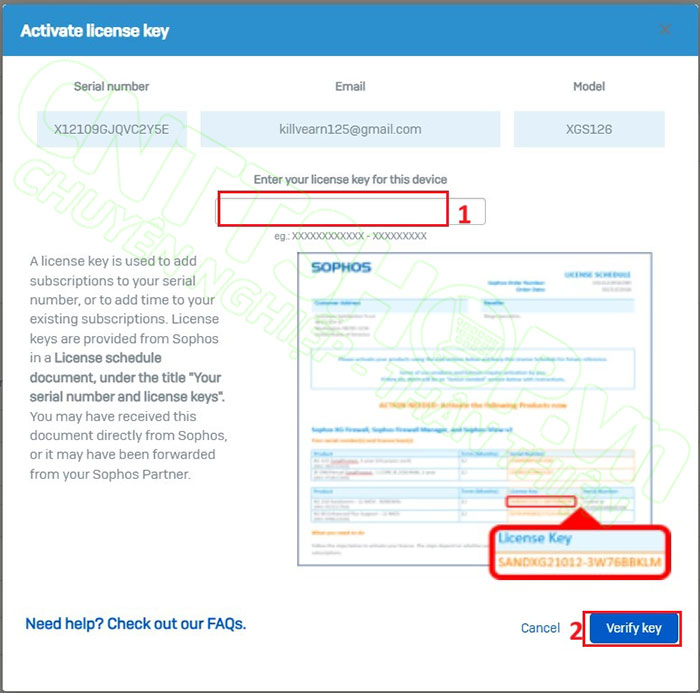 nhập license key và nhấn verify key