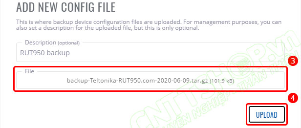 chọn file backup config và upload lên RMS