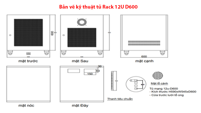 Bản vẽ kỹ thuật tủ Rack 12U D600