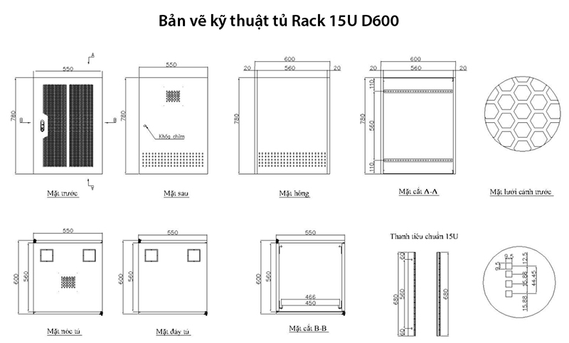 Bản vẽ kỹ thuật tủ Rack 15U D600