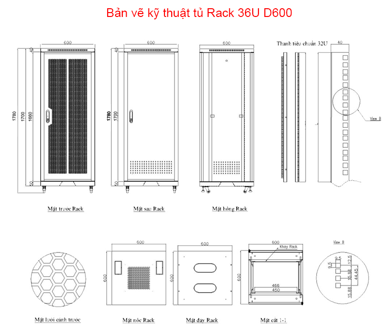 Bản vẽ kỹ thuật tủ Rack 36U D600