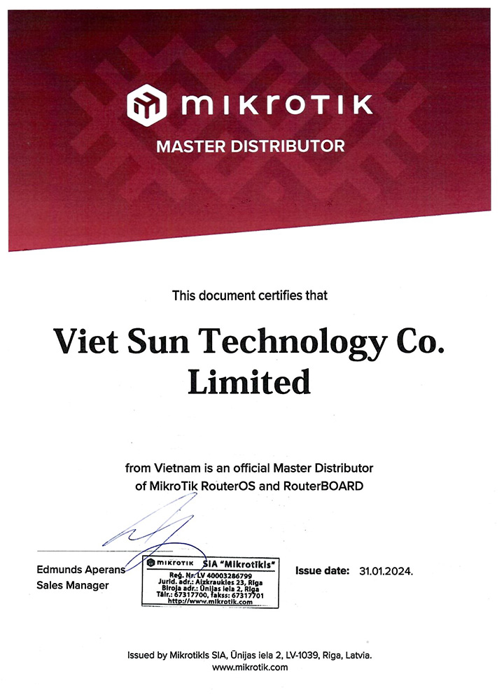 Chứng nhận CNTTShop là Master Distribution của MikroTik tại Việt Nam