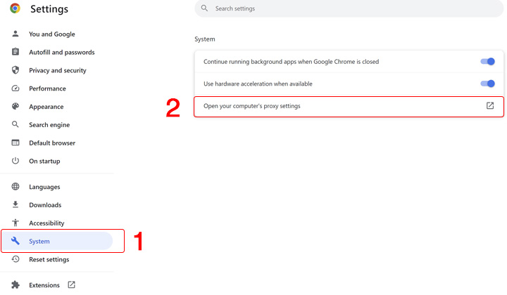 System open your computer proxy setting