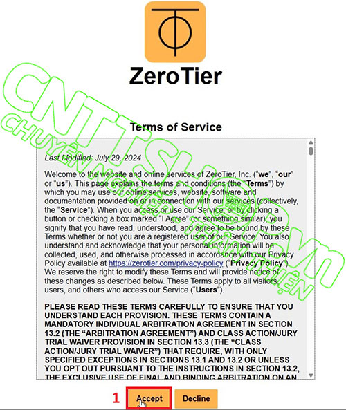 chọn accept để đồng ý với điều khoản của ZeroTier