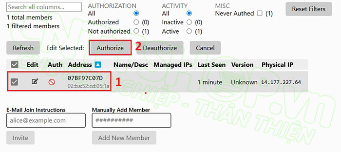 chọn thiết bị và nhấn Authorize để cho phép thiết bị join vào network