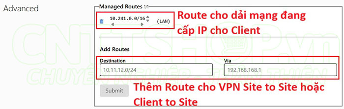 cấu hình các route cho VPN Client to Site hoặc Site to Site