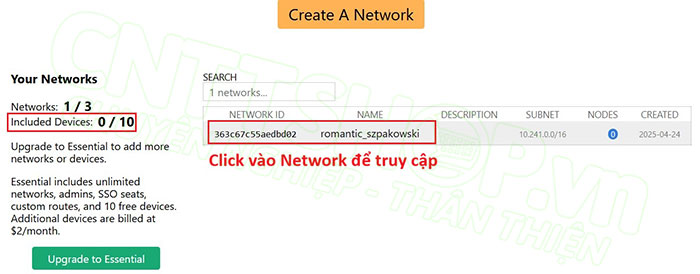 click vào network vừa tạo để truy cập
